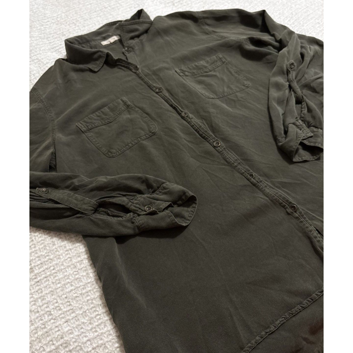 Maurices Olive Green Button Down Shirt M Rayon Utility Soft Casual Relaxed